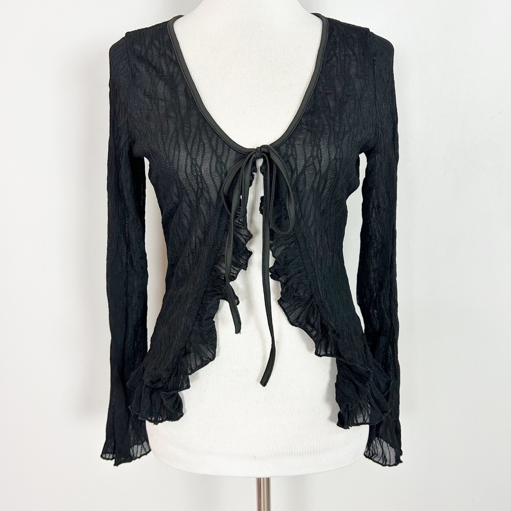 Women's Black Sheer Textured Ruffle Top Front Tie Whimisgoth Size Large Women's